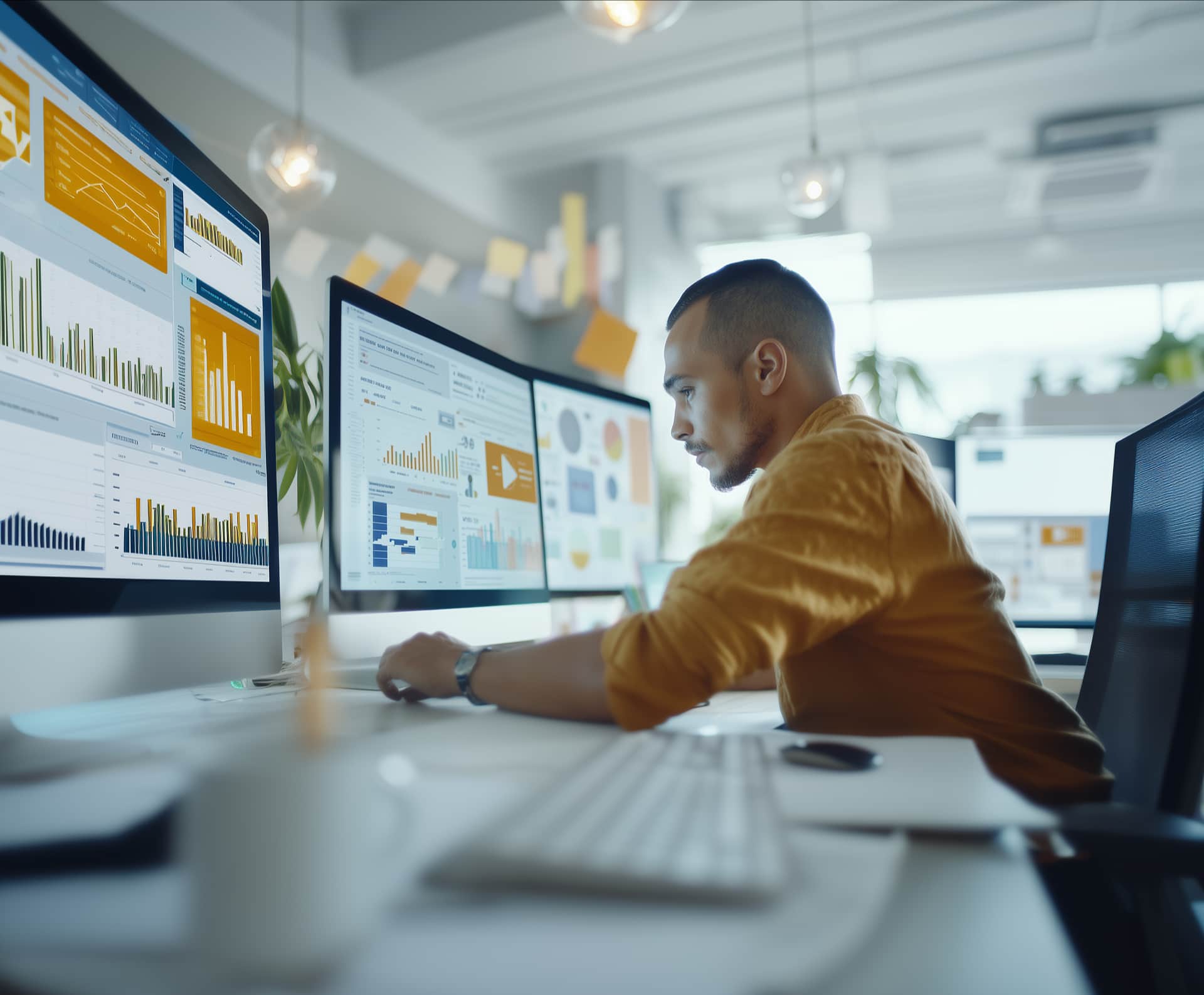 um homem sentado em uma mesa olhando para uma tela de computador